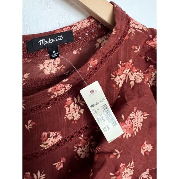 NWT Madewell Blouse Womens Medium Floral Ruffle Puff Sleeves Rust Prairie Boho - Picture 3 of 7